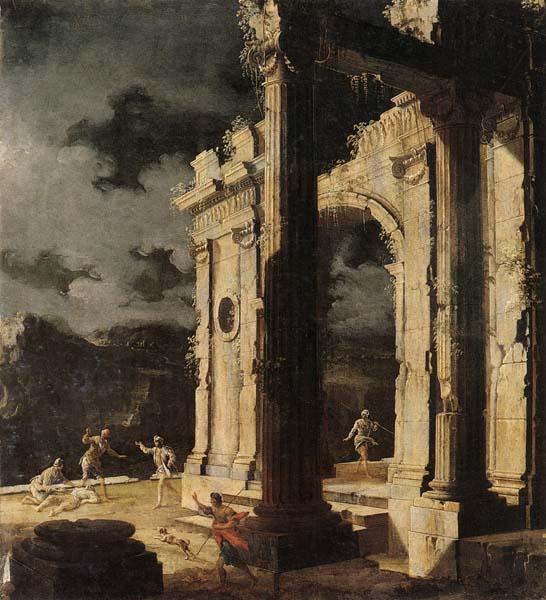 Leonardo Coccorante An architectural capriccio with figures amongst ruins,under a stormy night sky